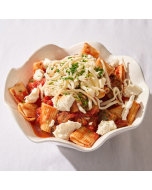 Close up of  Rigatoni in red sauce with grilled eggplant, ricotta and Locatelli cheeses.