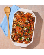 Close up of  Rigatoni in red sauce with grilled eggplant, ricotta and Locatelli cheeses.